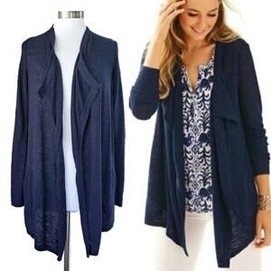 LILLY PULITZER Chesapeake Cardigan Sweater Small Open Drape Front in Navy Blue